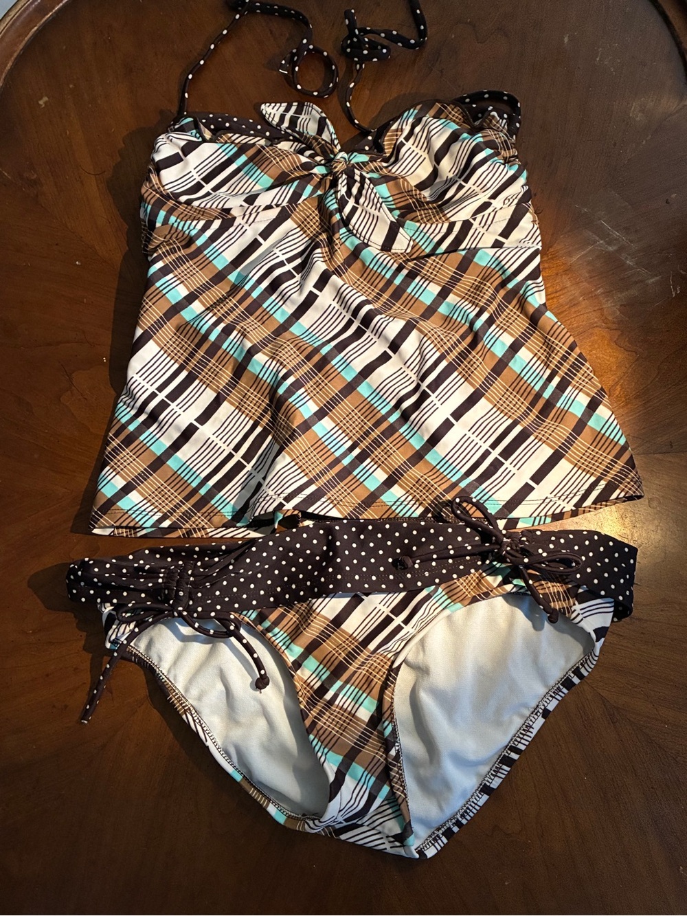 Plaid Two-Piece Tankini Swim Set in Brown, Teal & White